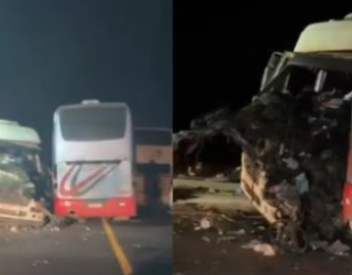 Caminh�o bate em dois �nibus na BR-163 e motorista fica preso �s ferragens