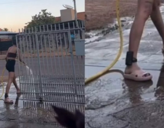 Mulher com tornozeleira eletr�nica lava cal�ada sem sair de casa